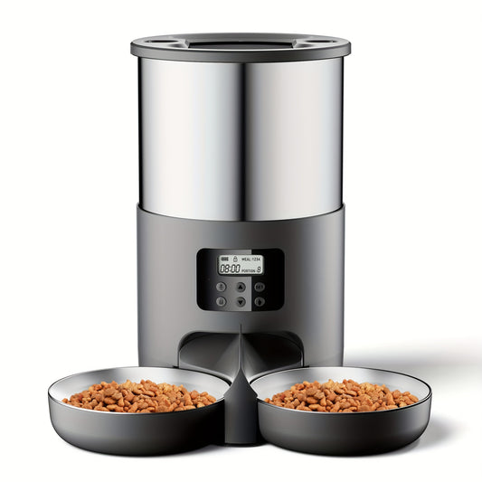 1pc Automatic Pet Feeder for Cats and Small to Medium Dogs, 4.5L Stainless Steel Dispenser with Dual Power, 6-Button Control, Includes 2 Bowls, Voice Record Feature, for Travel & Home Use - No Battery Included