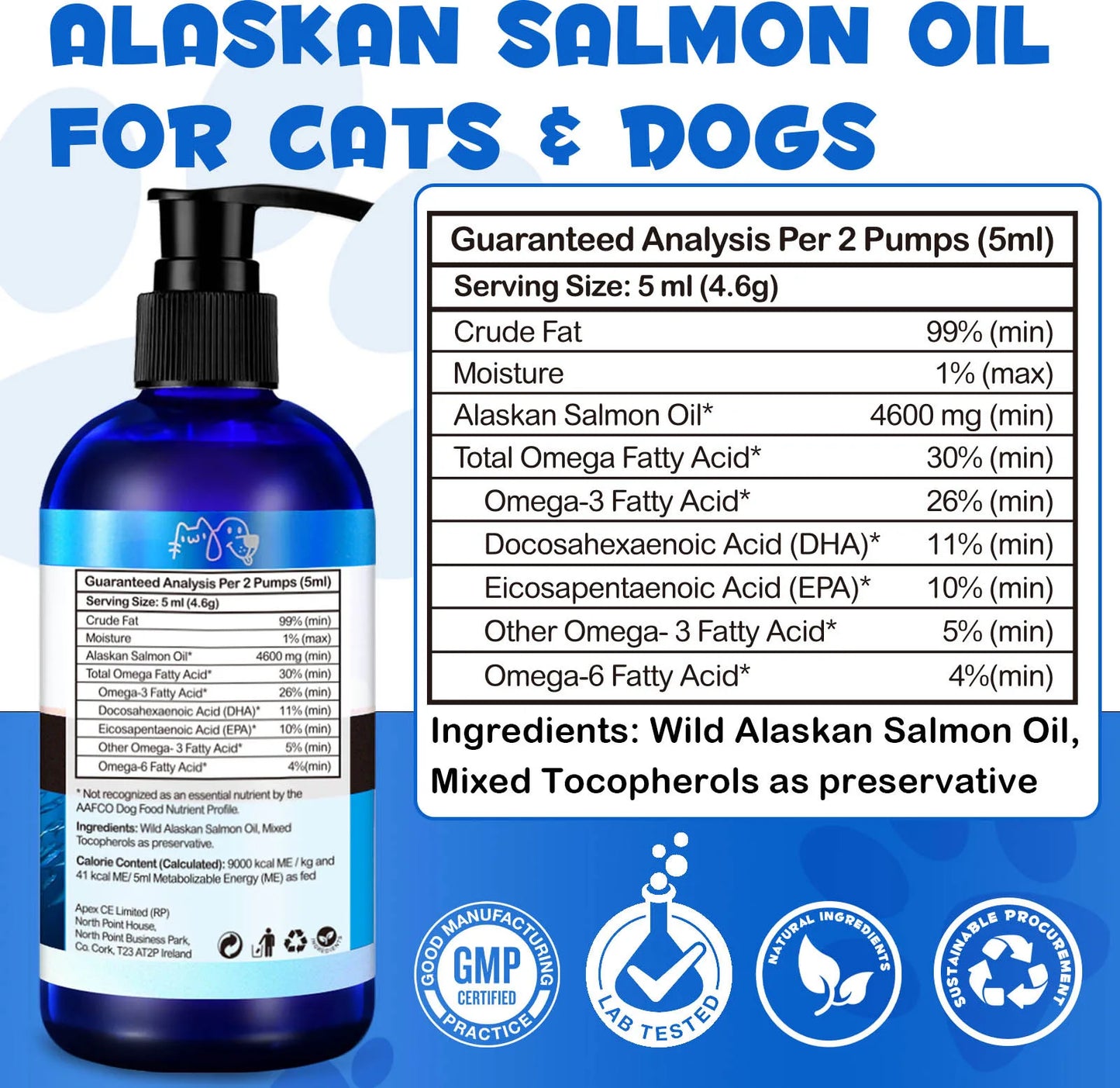 Premium Wild Alaskan Salmon Oil Omega-3-6 Fatty Acids with EPA DHA Supports Skin Coat Joint Health for All Ages Breeds Dogs Cats
