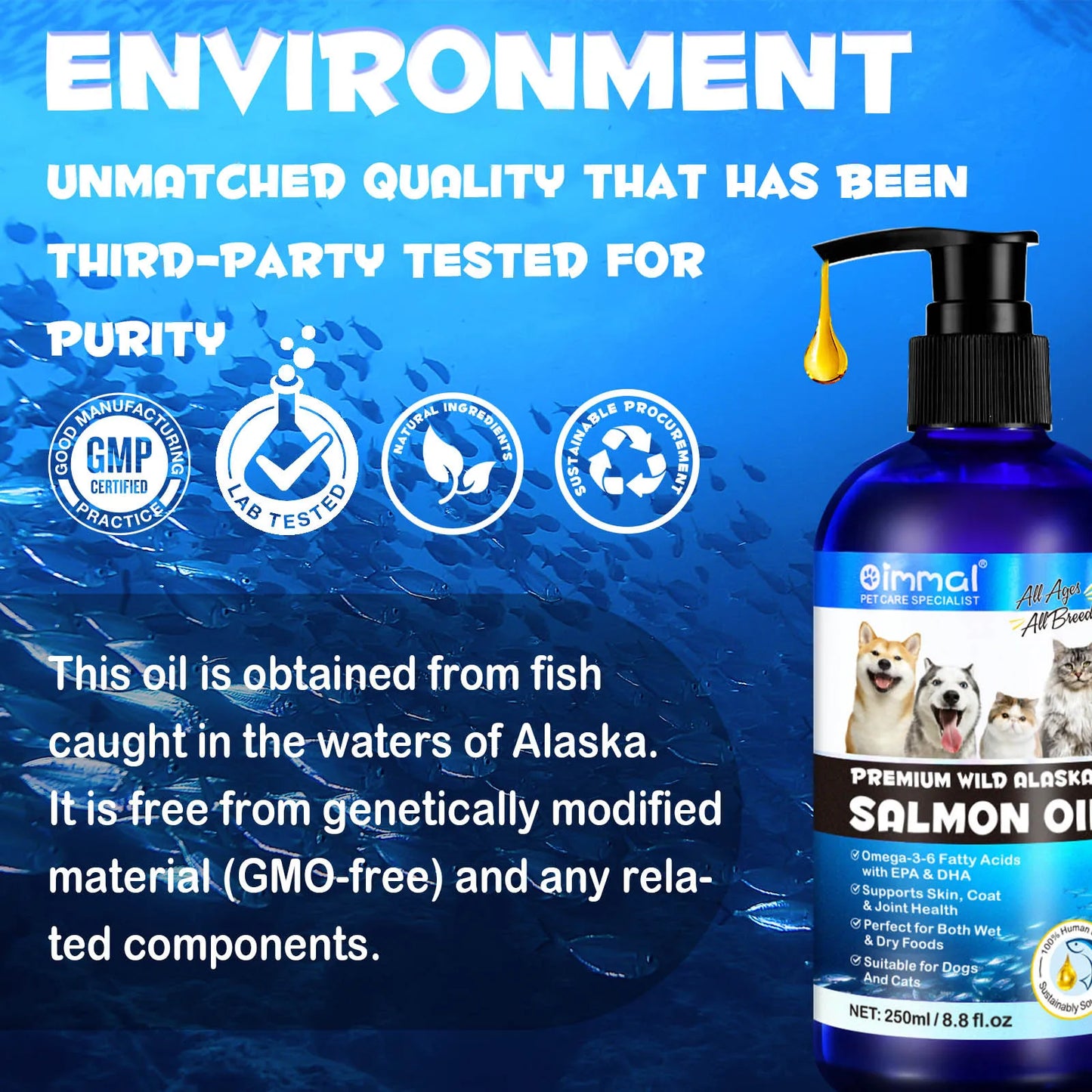 Premium Wild Alaskan Salmon Oil Omega-3-6 Fatty Acids with EPA DHA Supports Skin Coat Joint Health for All Ages Breeds Dogs Cats