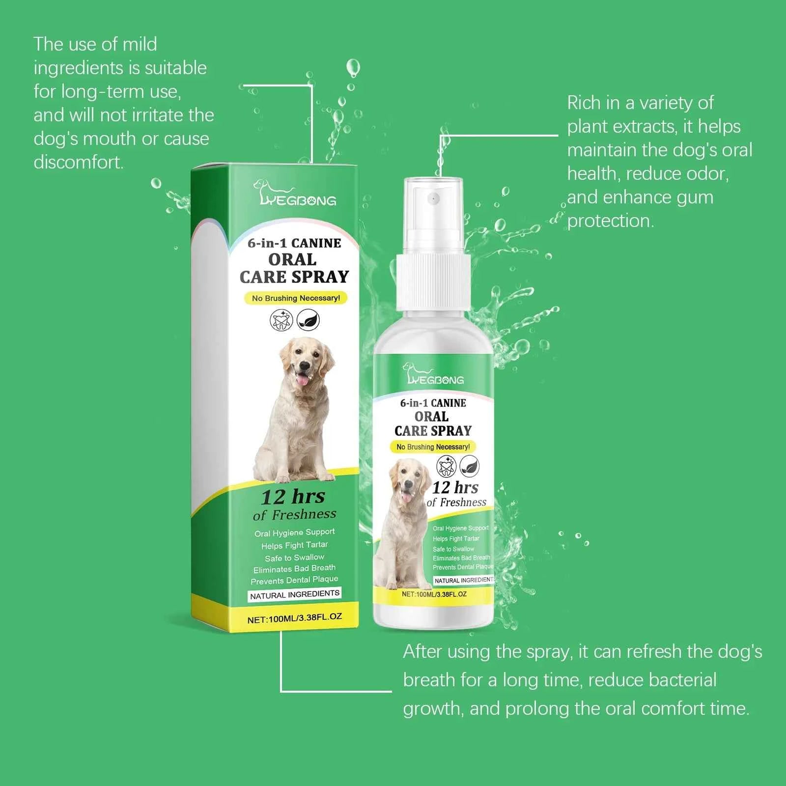 Yegbong Pet Oral Care Spray Natural Non-irritating Remove Yellow Stains Prevent Tartar and Plaque Eliminate Bad Breath Pet Spray