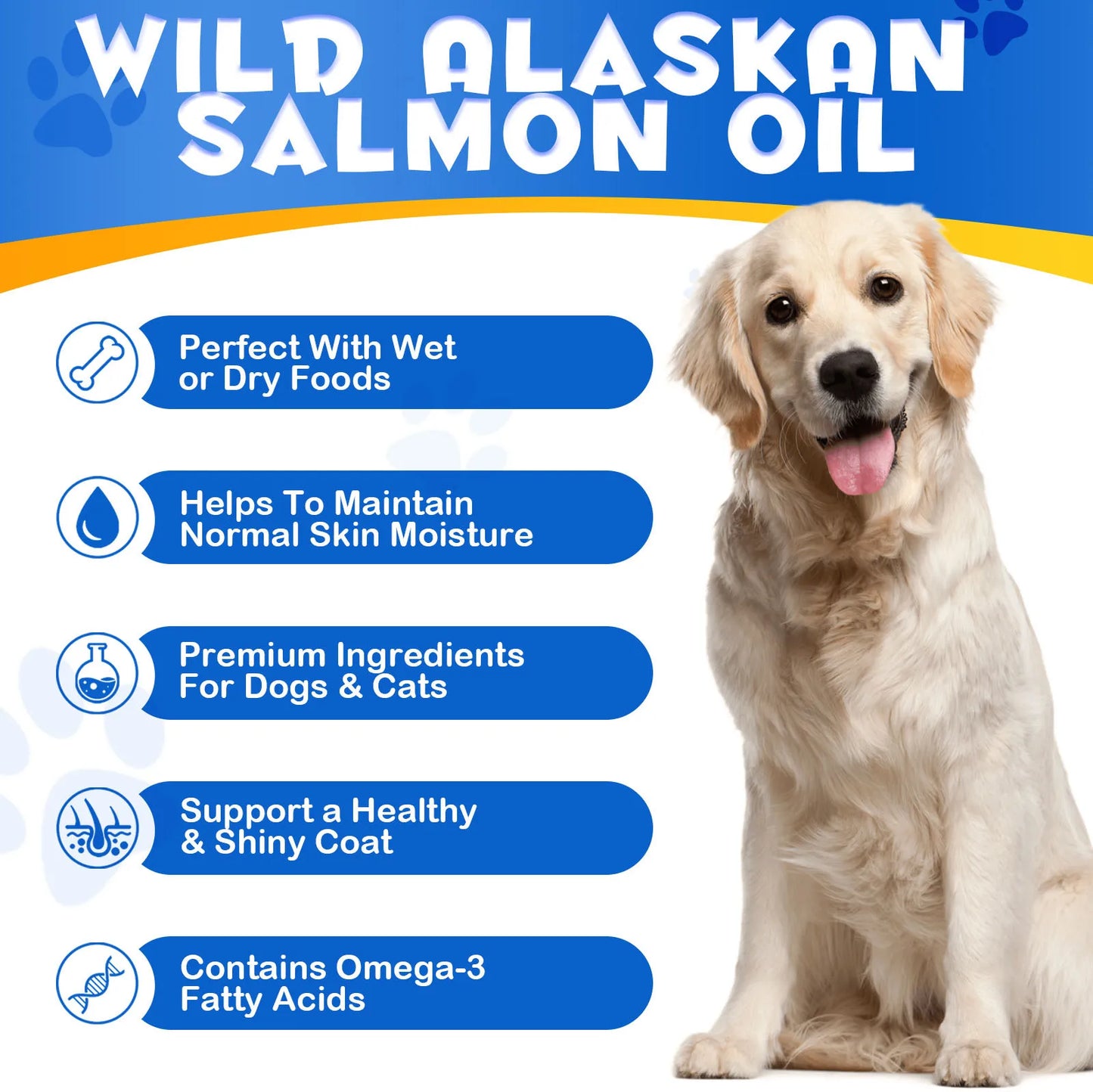 Premium Wild Alaskan Salmon Oil Omega-3-6 Fatty Acids with EPA DHA Supports Skin Coat Joint Health for All Ages Breeds Dogs Cats