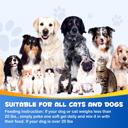 Fish Oil Soft Gels Omega-3 Fatty Acids for Dogs & Cats with EPA & DHA Promotes Heart Skin Coat Joint Support Pets Immune Health