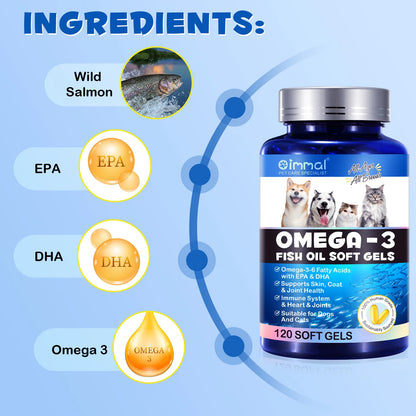 Fish Oil Soft Gels Omega-3 Fatty Acids for Dogs & Cats with EPA & DHA Promotes Heart Skin Coat Joint Support Pets Immune Health