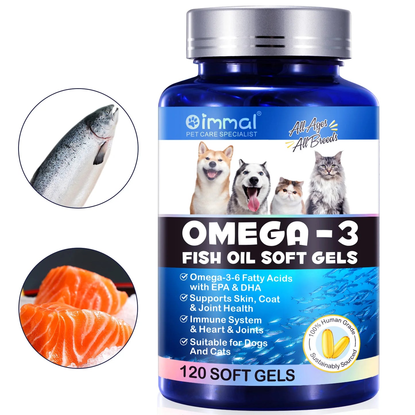 Fish Oil Soft Gels Omega-3 Fatty Acids for Dogs & Cats with EPA & DHA Promotes Heart Skin Coat Joint Support Pets Immune Health