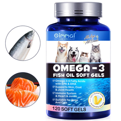 Fish Oil Soft Gels Omega-3 Fatty Acids for Dogs & Cats with EPA & DHA Promotes Heart Skin Coat Joint Support Pets Immune Health