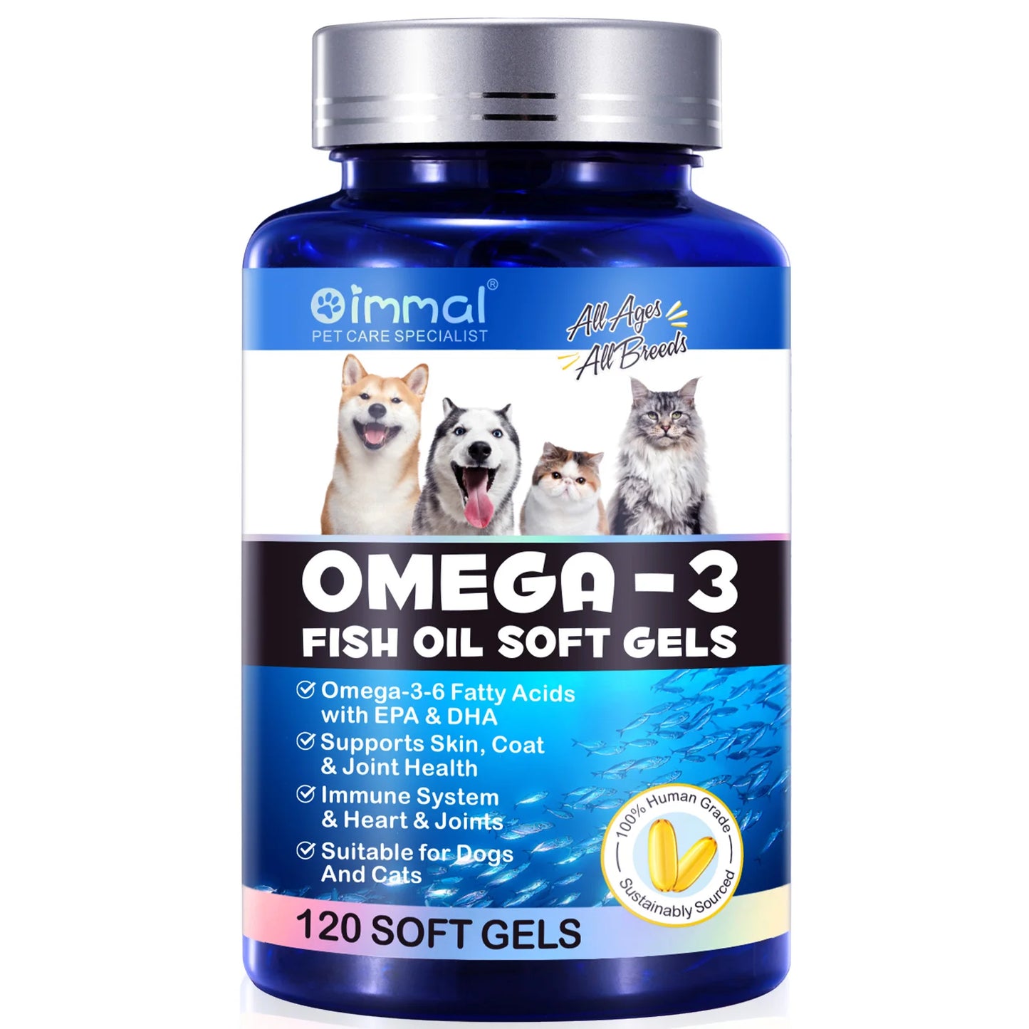 Fish Oil Soft Gels Omega-3 Fatty Acids for Dogs & Cats with EPA & DHA Promotes Heart Skin Coat Joint Support Pets Immune Health