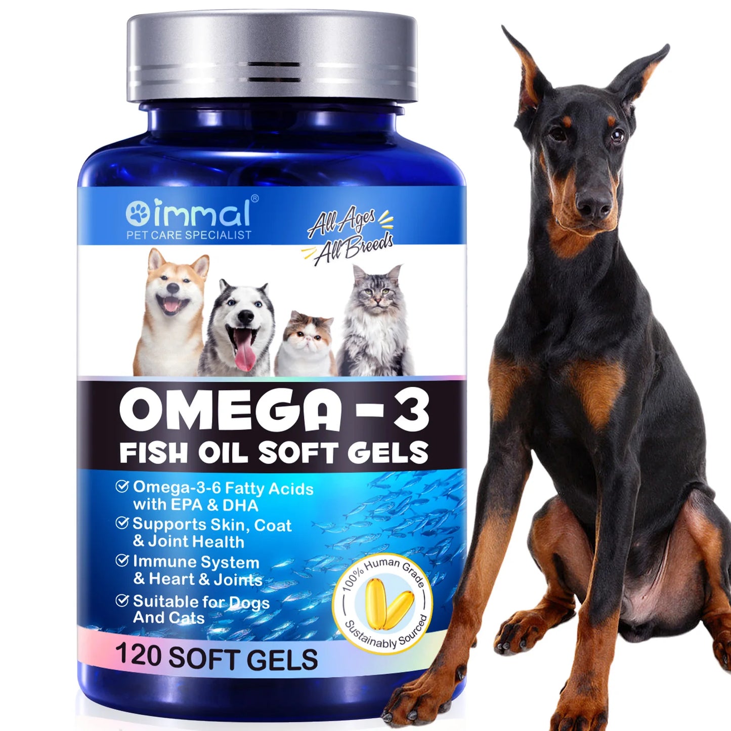 Fish Oil Soft Gels Omega-3 Fatty Acids for Dogs & Cats with EPA & DHA Promotes Heart Skin Coat Joint Support Pets Immune Health