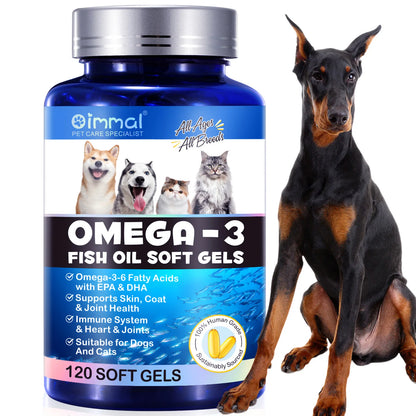 Fish Oil Soft Gels Omega-3 Fatty Acids for Dogs & Cats with EPA & DHA Promotes Heart Skin Coat Joint Support Pets Immune Health