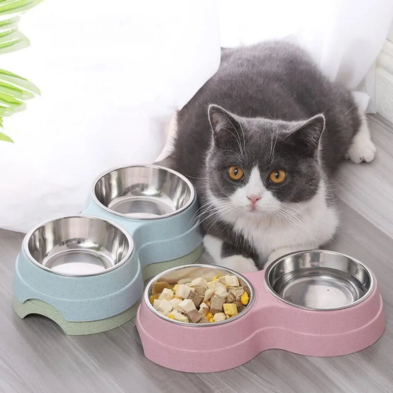 Double Bowls Stainless Steel Pet Feeder Dish Drinking Water Food Tray Cat Puppy Feeding Supplies 2024 New