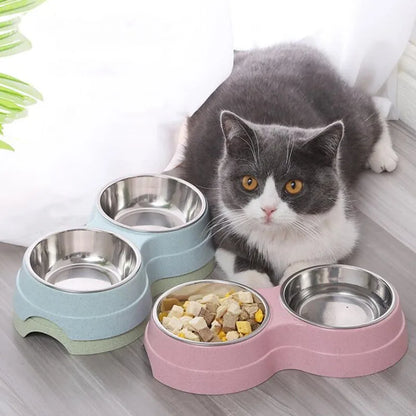 Double Bowls Stainless Steel Pet Feeder Dish Drinking Water Food Tray Cat Puppy Feeding Supplies 2024 New