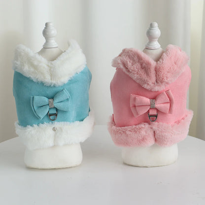 Warm Fur Dog Harness and Leash Set Rhinestone Bowknot Pet Vest Winter Pets Puppy Clothes Vest Small Dog Clothing French Bulldog