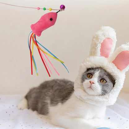Elastic Metal Boom Tease Cat Stick Funny Wand Toy + 3 Pcs Replaceable Plush Fake Fishes Interactive With Kitten Pets Make Fun
