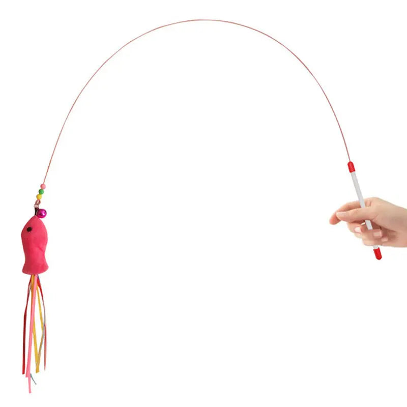 Elastic Metal Boom Tease Cat Stick Funny Wand Toy + 3 Pcs Replaceable Plush Fake Fishes Interactive With Kitten Pets Make Fun