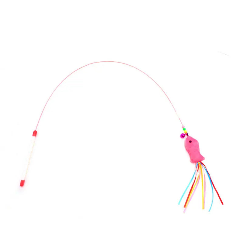 Elastic Metal Boom Tease Cat Stick Funny Wand Toy + 3 Pcs Replaceable Plush Fake Fishes Interactive With Kitten Pets Make Fun