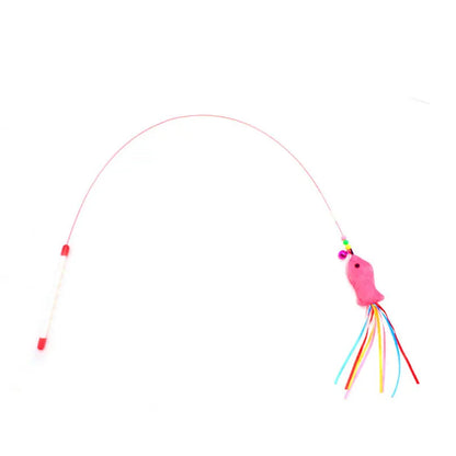 Elastic Metal Boom Tease Cat Stick Funny Wand Toy + 3 Pcs Replaceable Plush Fake Fishes Interactive With Kitten Pets Make Fun