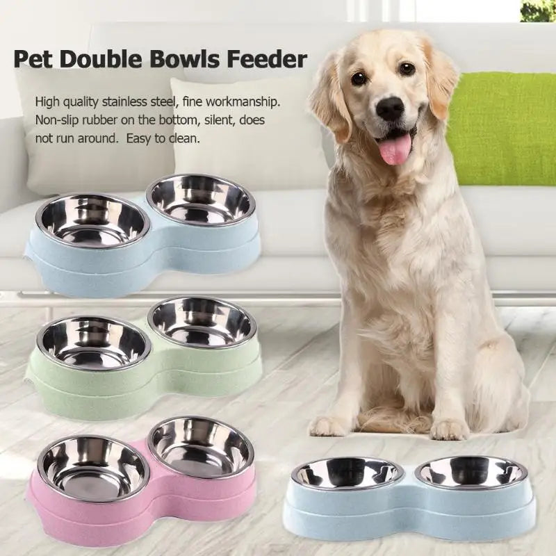 Double Bowls Stainless Steel Pet Feeder Dish Drinking Water Food Tray Cat Puppy Feeding Supplies 2024 New