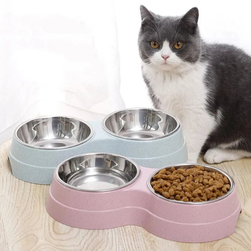 Double Bowls Stainless Steel Pet Feeder Dish Drinking Water Food Tray Cat Puppy Feeding Supplies 2024 New