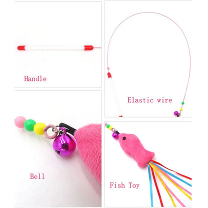 Elastic Metal Boom Tease Cat Stick Funny Wand Toy + 3 Pcs Replaceable Plush Fake Fishes Interactive With Kitten Pets Make Fun
