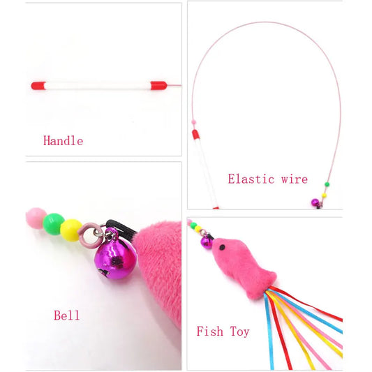 Elastic Metal Boom Tease Cat Stick Funny Wand Toy + 3 Pcs Replaceable Plush Fake Fishes Interactive With Kitten Pets Make Fun