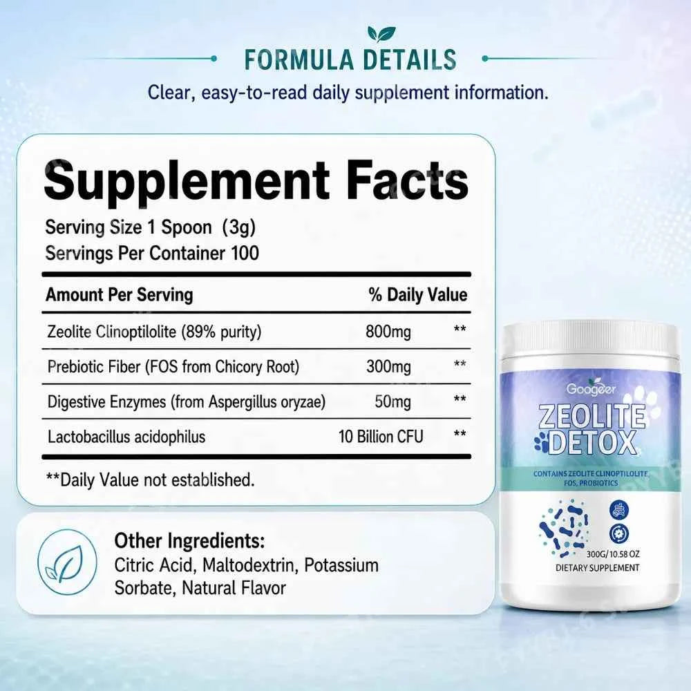 Zeolite Powder with FOS Prebiotic Fiber Probiotics & Digestive Enzymes Daily Gut Balance Supplement 300g 100 Servings