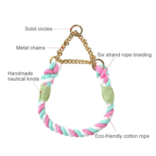 Dog Collar P Chain Comfortable Cotton Dog Collars Adjustable Braided Cotton Multi-Color Rope Collar with Durable Metal Dog Chain