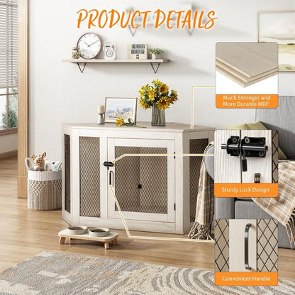 Masterpiece  52 Inch Corner Dog Crate Furniture,Wooden Dog Kennel Furniture With Mesh,Decorative Wood Dog House For Small