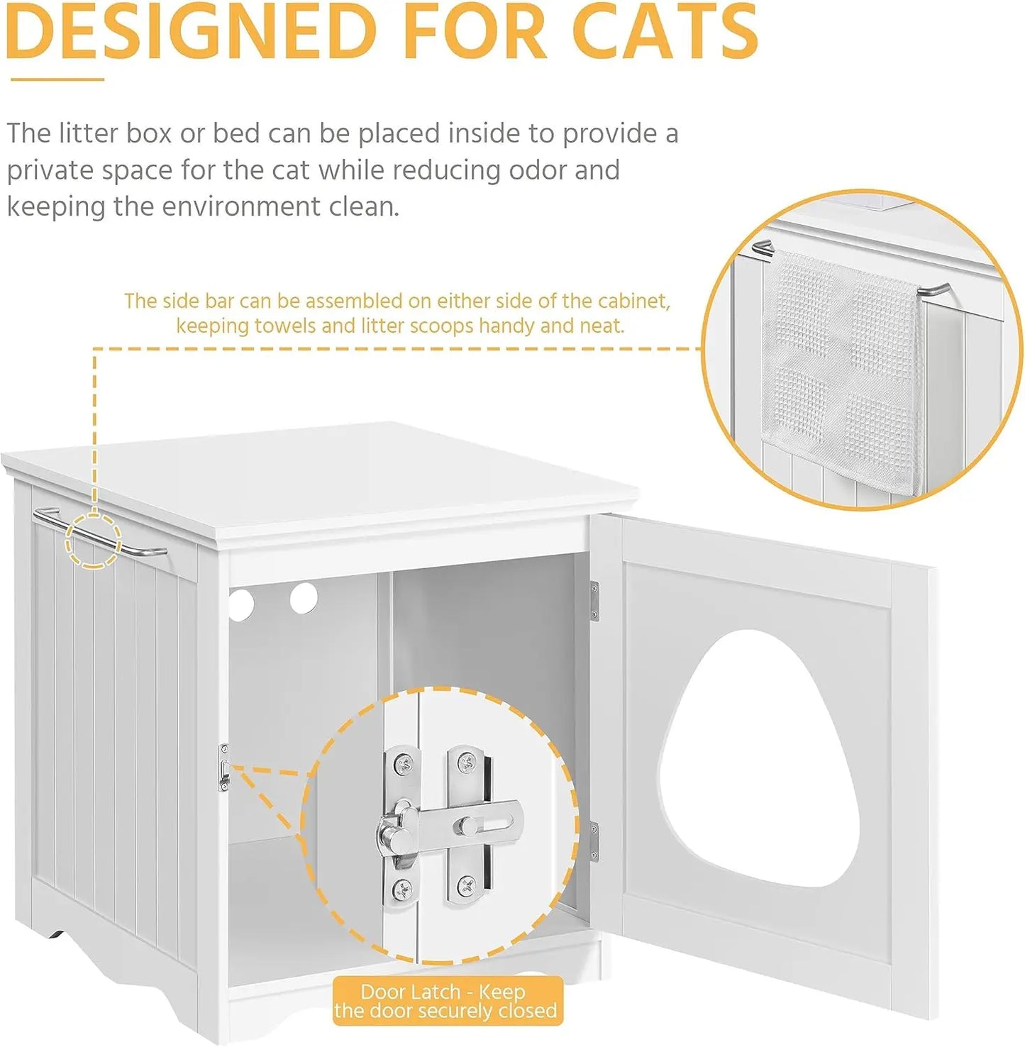 Wooden Cat Litter Box Enclosure with Towel Bar, Pet Washroom Cabinet, White Modern Furniture