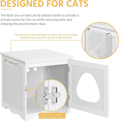 Wooden Cat Litter Box Enclosure with Towel Bar, Pet Washroom Cabinet, White Modern Furniture