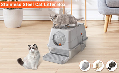Stainless Steel Cat Litter Box, High Sided Enclosure Cat Toilet With Lid, Front And Top Door, Sand Filter Pedal & Litter Scoop