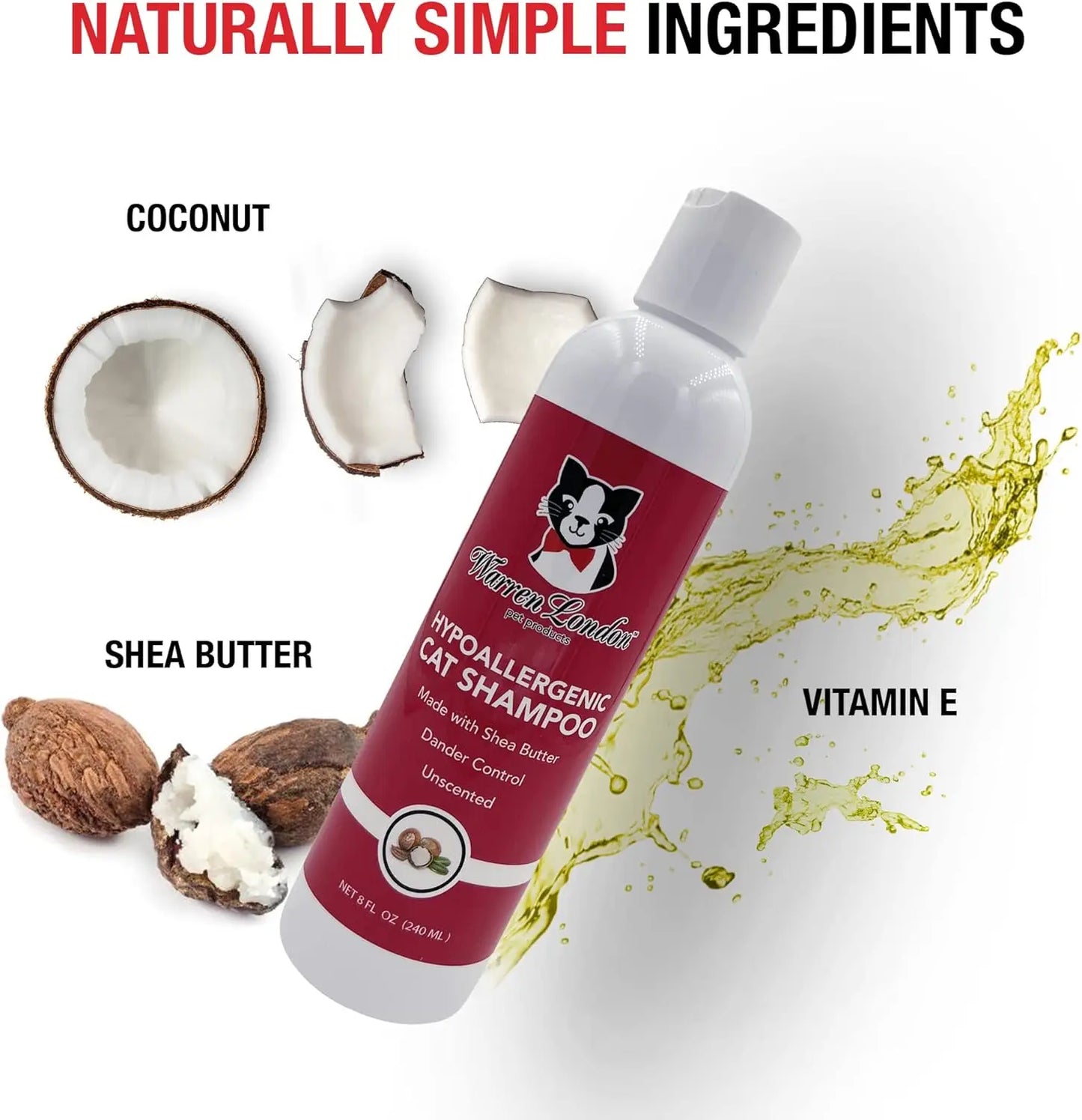Hypoallergenic Cat Shampoo & Conditioner 8 oz – Unscented, Shea Butter Moisturizing, Soap-Free 2-in-1 for Dander & Allergy Contr