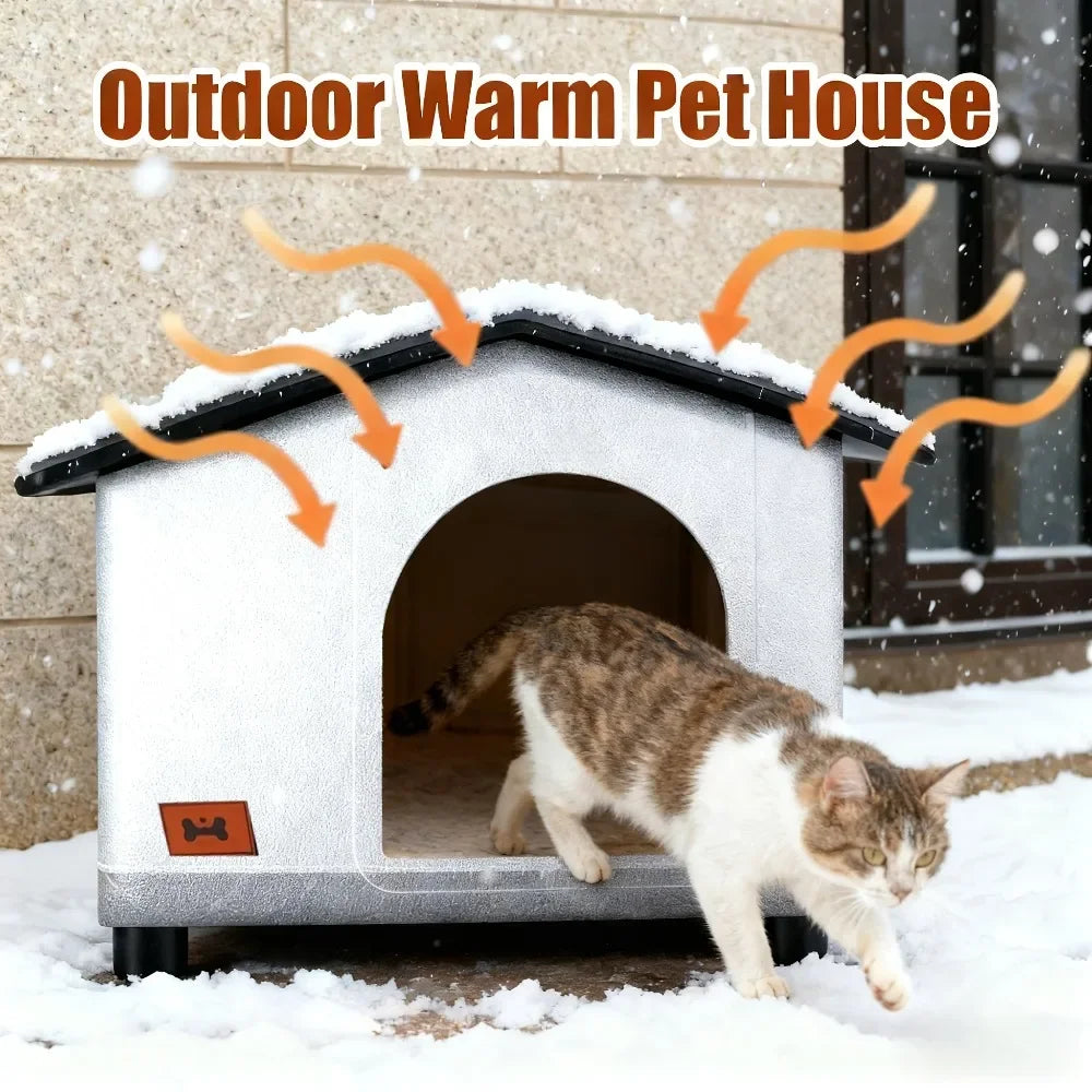 A insulated outdoor cat house with eaves and escape doors, designed for insulation and providing winter shelter for stray cats