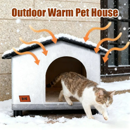A insulated outdoor cat house with eaves and escape doors, designed for insulation and providing winter shelter for stray cats