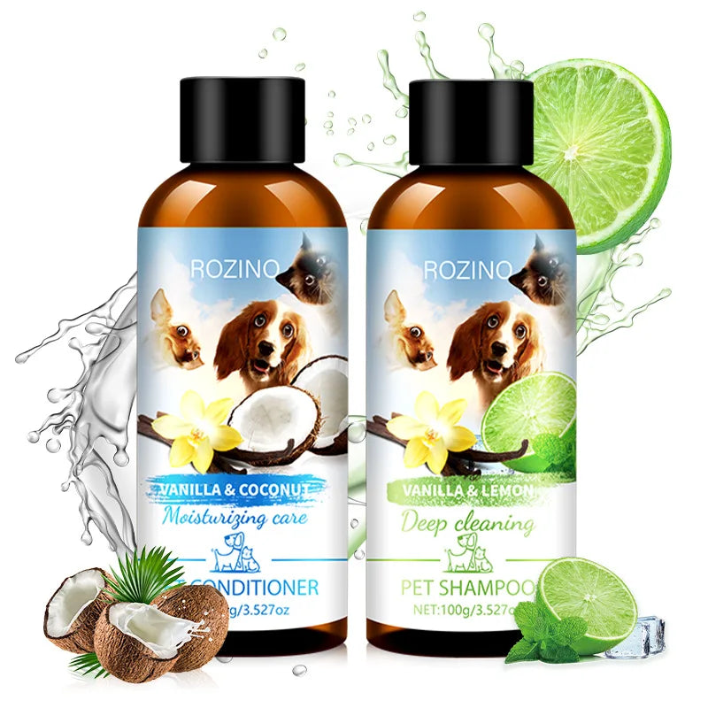 Pet Wash Care Set Shampoo 100ml+Conditioner 100ml Deodorizing Long Lasting Fragrance Cat Dog Shower Gel Pet Cleaning Products