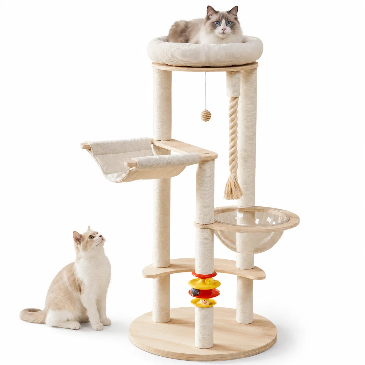 Multi-Functional Cat Tree Tower with Space Capsule, Hanging Ball, Scratching Posts, and Soft Condo - Sturdy Wooden Design for Kittens and Adult Cats, Cat Tree Tower