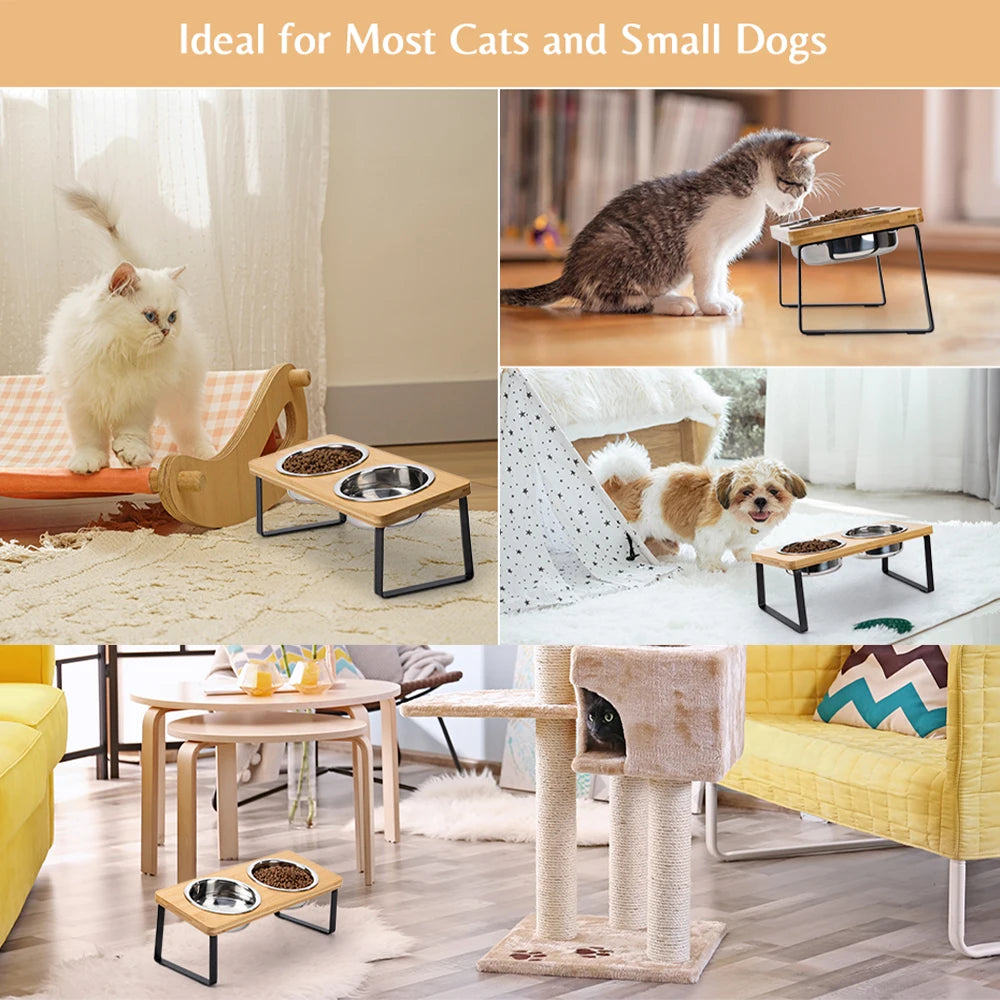 Elevated Cat Bowls with Food Mat 15° Tilted Stand Anti Vomiting Raised Cat Dishes with Silicone Pad for Food and Water for Cats