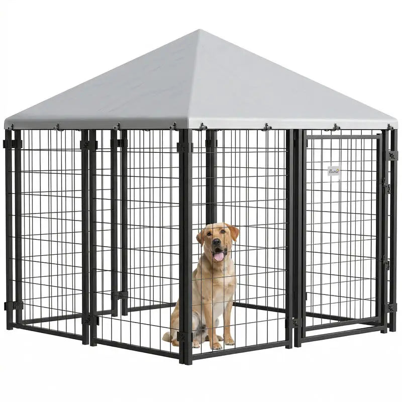 Lockable Dog House Kennel with Water-resistant Roof for Small and Medium Sized Pets, 4.6' x 4.6' x 5'