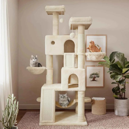 65in Larger Cat Tree Tower Condo for Indoor Kitties/Multi-Level Furniture Activity Center with Wide Base/Cozy Plush Cat Perches/