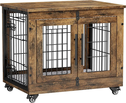 Lulive Dogs Crate Furniture for Medium Dogs, 32'' Dogs Kennel Indoor with Cushion & Wheels Wooden Doges Cage Double Doors Dog,Cu