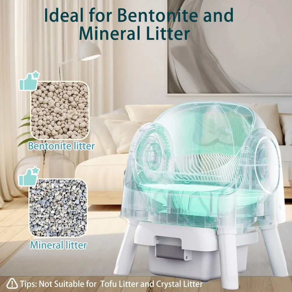 Automatic Top-Opening Multi-Cat Litter Box with Safety Features, Mat & Liner Included, White