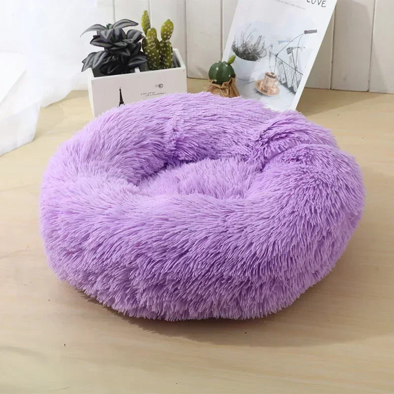 Round Plush Pet Bed - Self Warming Kennel, Machine Washable Mat with Non-Slip Bottom, Soft Cushion House Bed for Cats Dogs