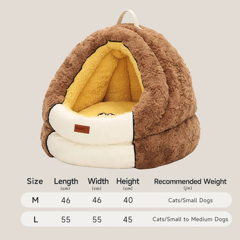 HOOPET Winter Dog Bed with Roof, Semi-Enclosed Warm House & Soft Pad, Plush Security Feeling Comfort Pet Nest for Small Dogs