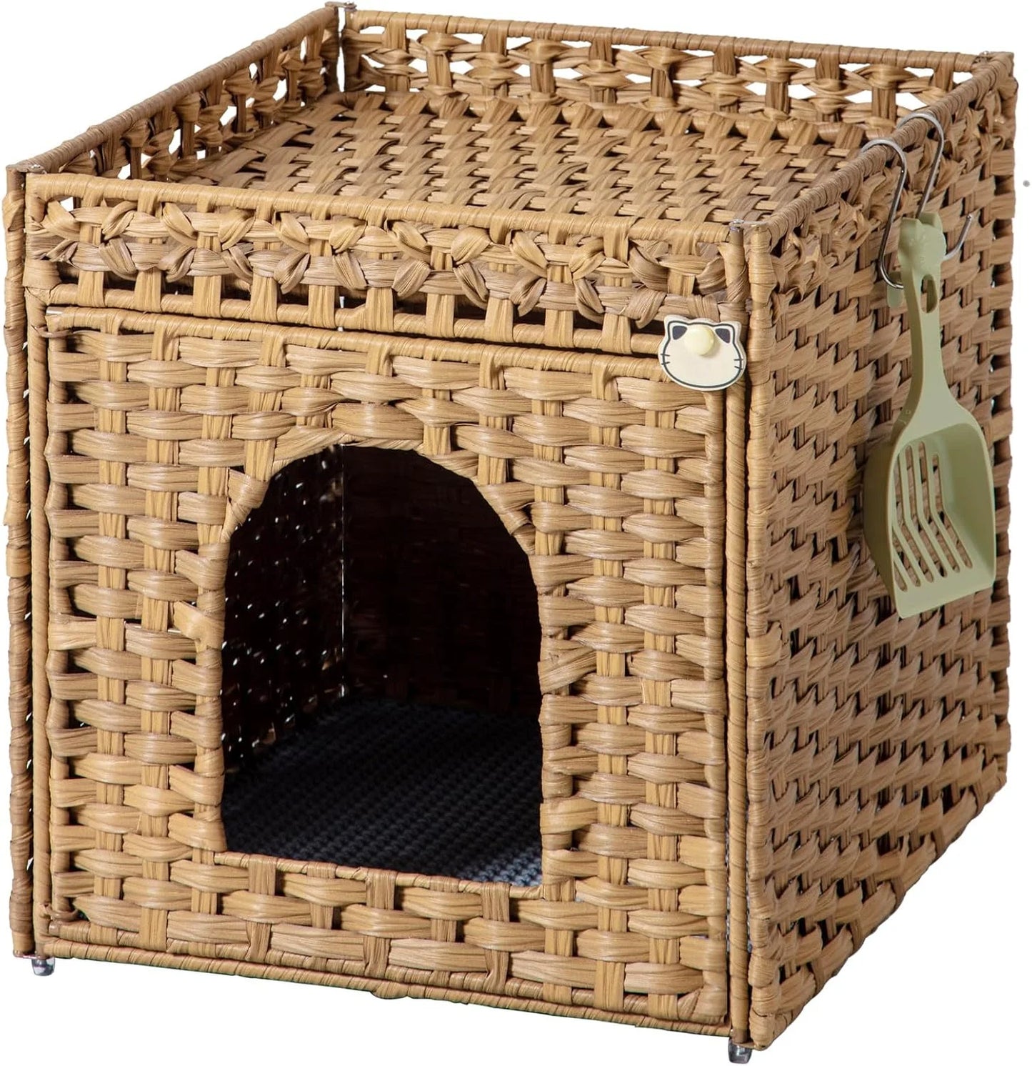 Cat Litter Box Enclosure Furniture, Hidden Litter Box with Mat and Fence, Handwoven Rattan Cat House with Two S-Shaped Hooks for