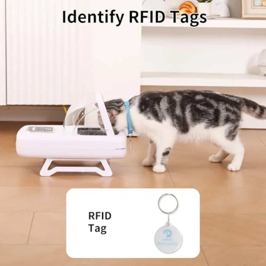 Automatic Cat Feeder with RFID Collar Sensor for 134.2kHz 15-Digit Pet Chip ID White ABS Plastic Anti-Food-Grabbing Design for