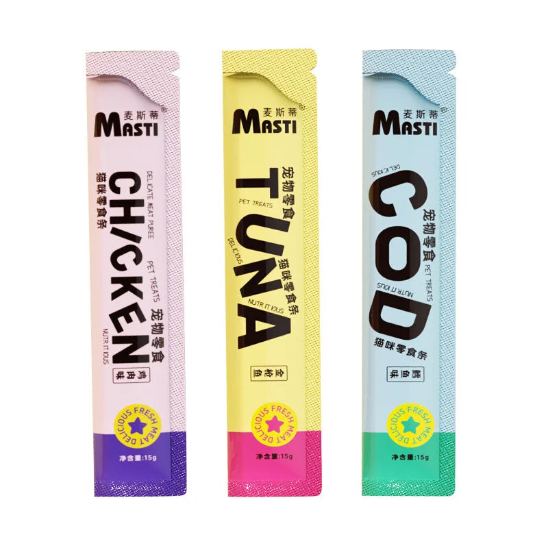 10pcs Pet Supplies Cat Stripe Pet Snacks 15g/Stripe Liquid Wet Grain Tuna Chicken Cod Can Hair Cheep Cat Snacks