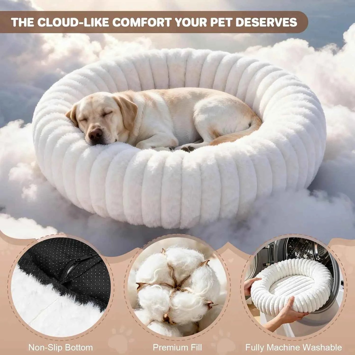 Self-Warming Donut Dog Bed for Large Dogs, Removable Cover, Egg Tart Design, Cozy Winter Pet Bed