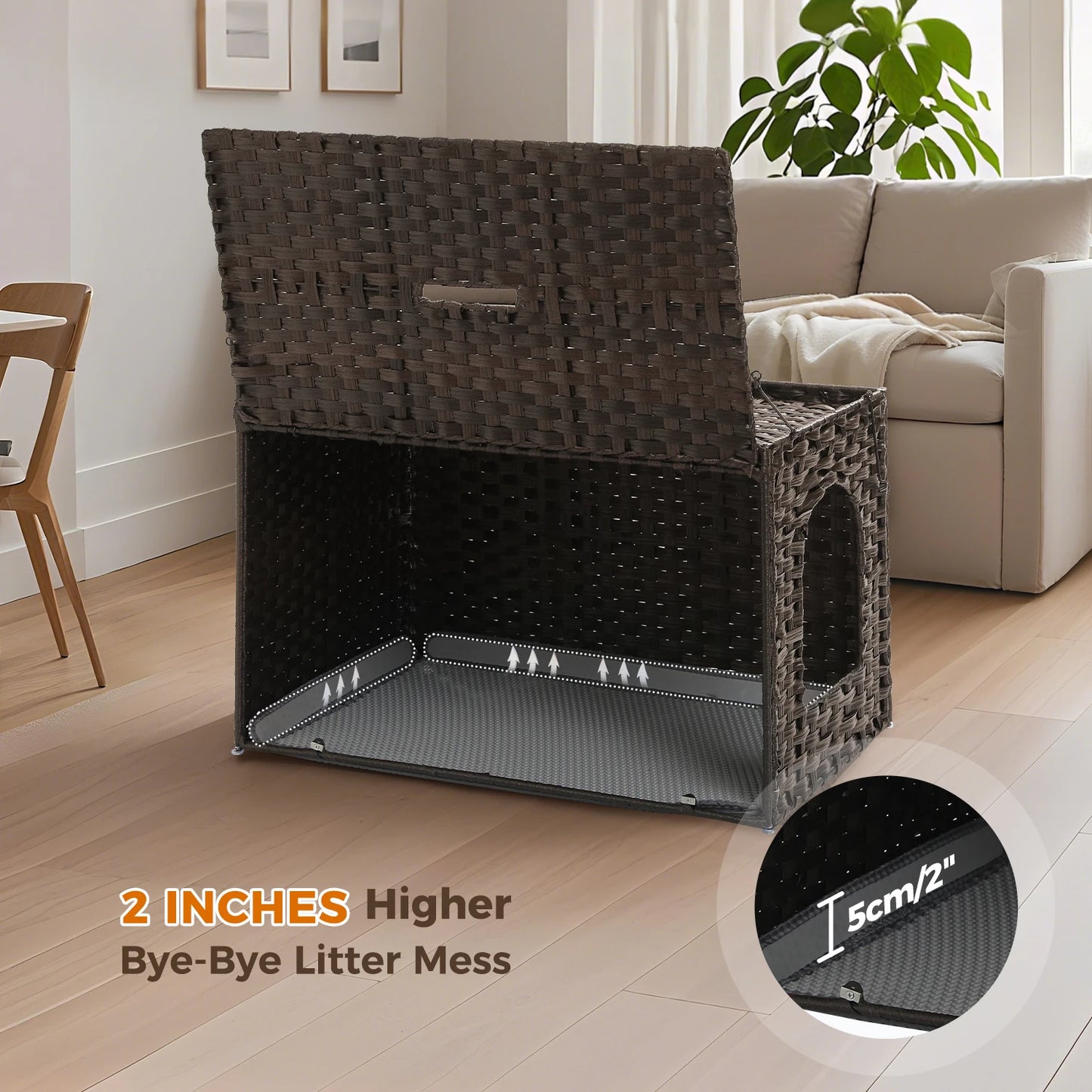 Rattan Cat Litter Box Enclosure Furniture with Door, Handwoven Rattan Hidden Litter Box Living Room Odor Control, Cat House Bed