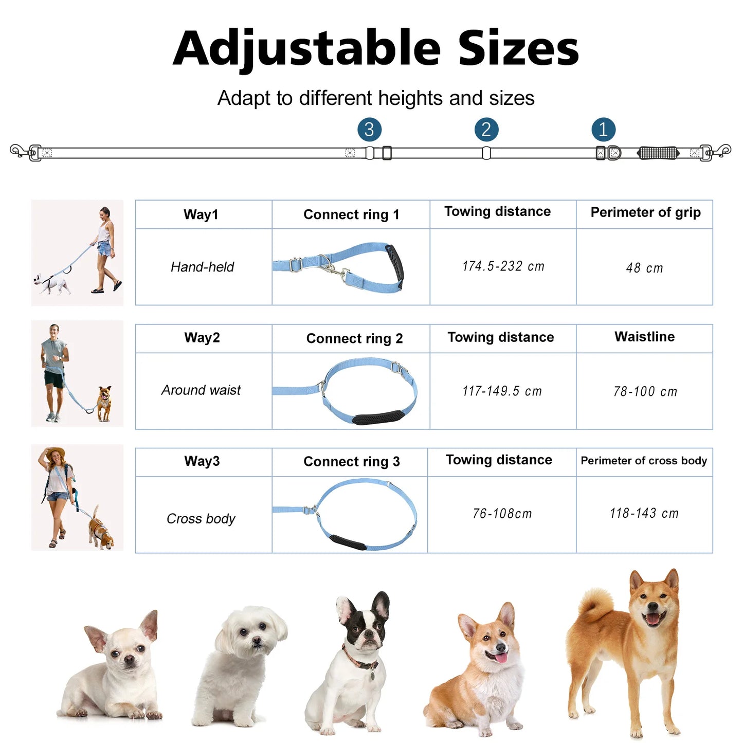 Tivray Hands Free Dog Leash with Sponge Handle 8.5ft Versatile Crossbody Waist Leash with 3 Rings for Puppy Leash for Walking
