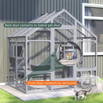 71"Catio Outdoor Cat Enclosure for Multiple Cats Large Wooden Walk in Cats House Outside Weatherproof Roof