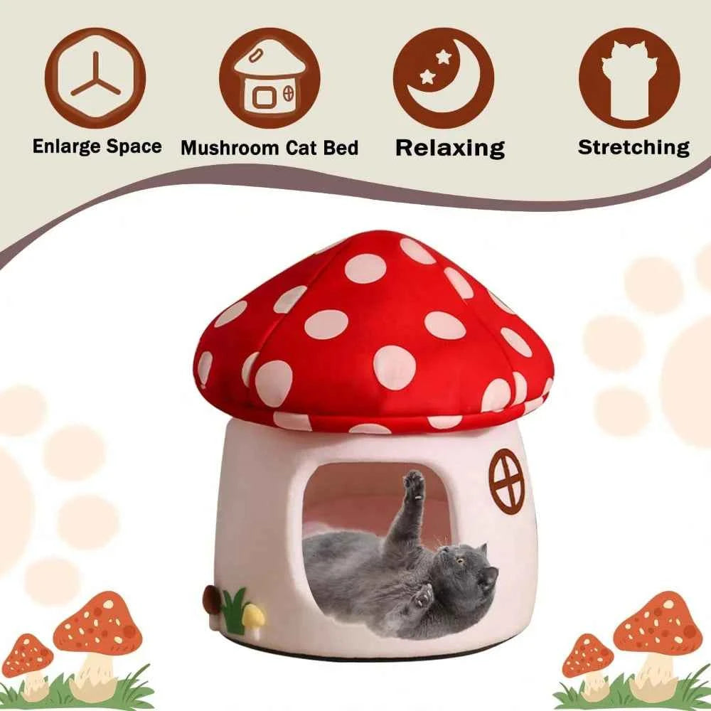 Soft Mushroom Cat Bed House with Cow Print, Semi-Enclosed Plush Cave Nest with Washable Cushion for Cats and Small Dogs
