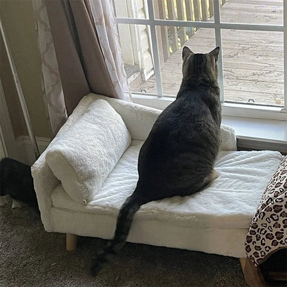 Luxury Elevated Dog Sofa Bed with Backrest Plush Cushion Wooden Legs Raised Dog Bed Lounger Chair for Small Medium Dog Cat Chair